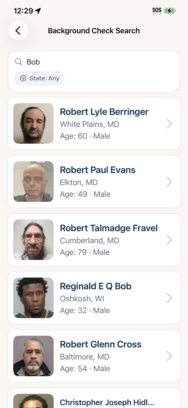 Background check search results screen