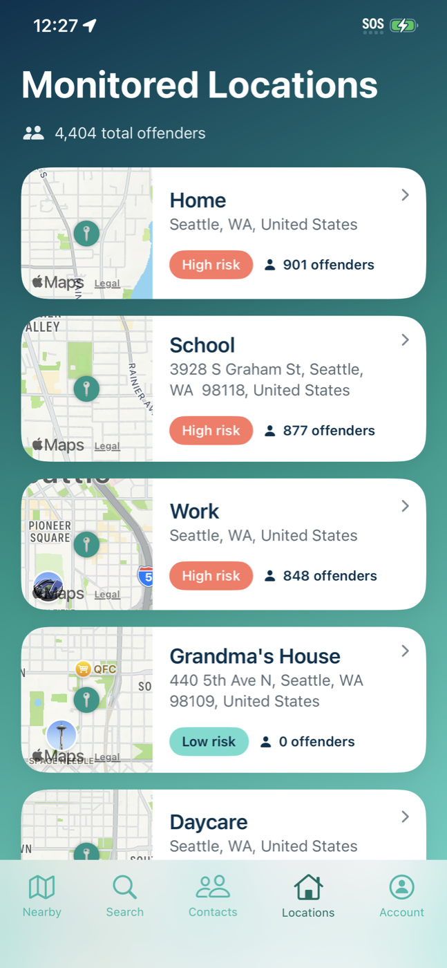 Monitored locations list screen